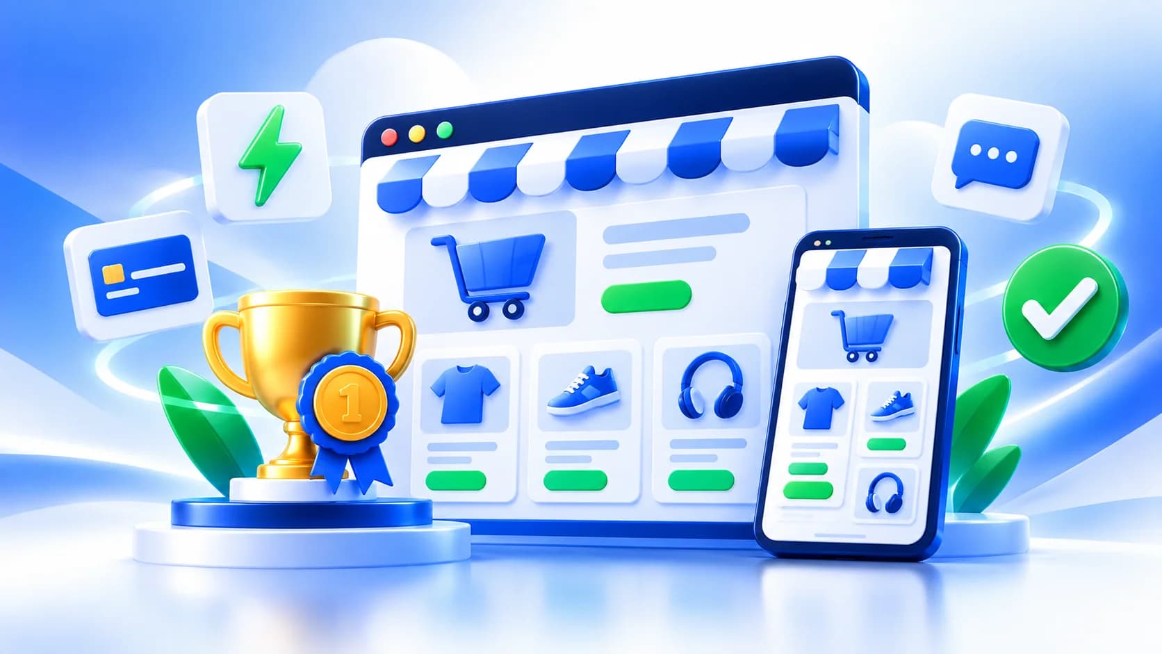 ویترین فروشگاه اینترنتی در مرورگر و موبایل کنار جام طلایی و نشان رتبهی اول، با نمادهای سرعت، کارت پرداخت و پیامک