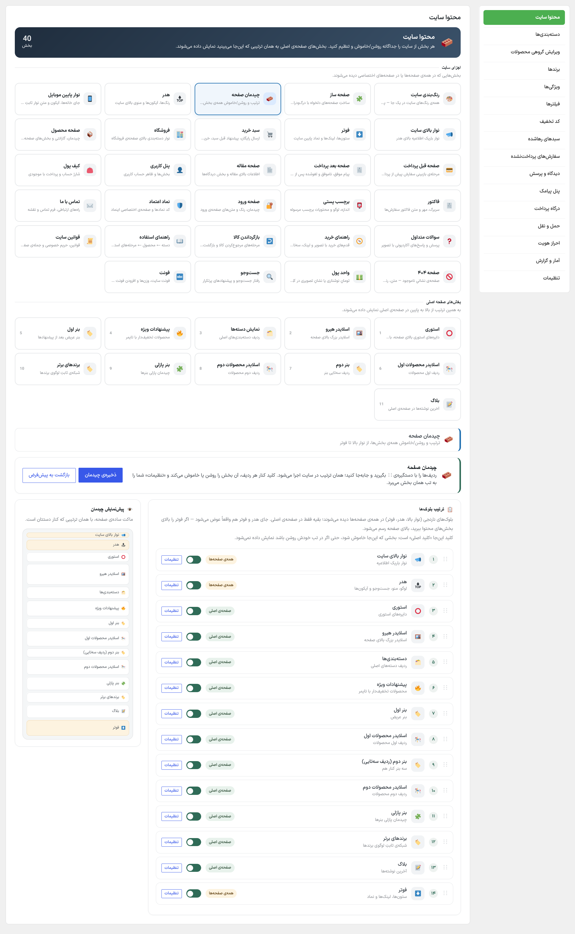 رافینا پنل ← محتوا سایت ← چیدمان صفحه